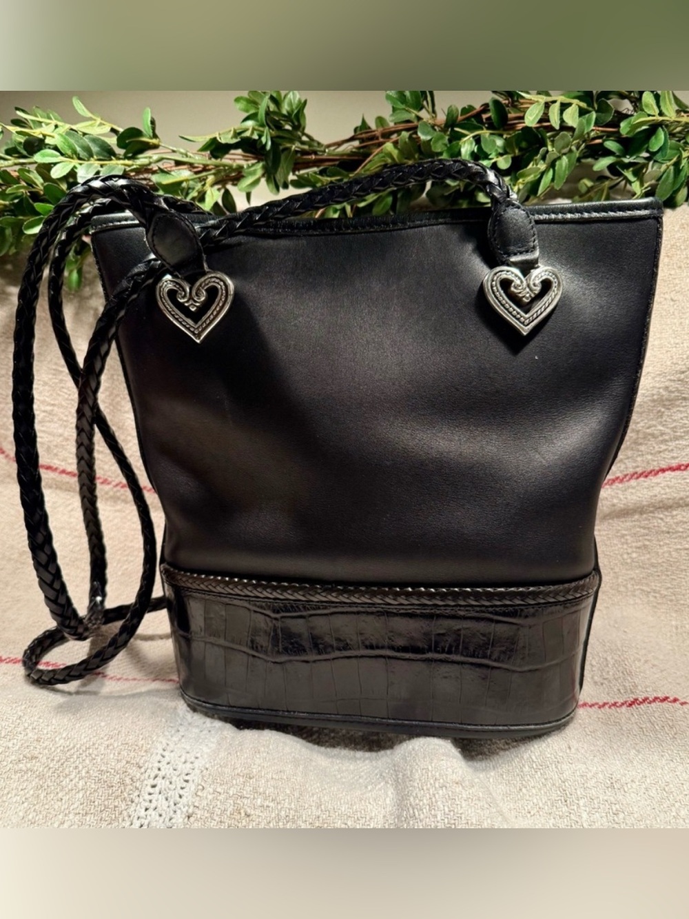 Vintage y2k 90s Brighton Black Leather Bucket Bag Purse Silver Heart Hardware